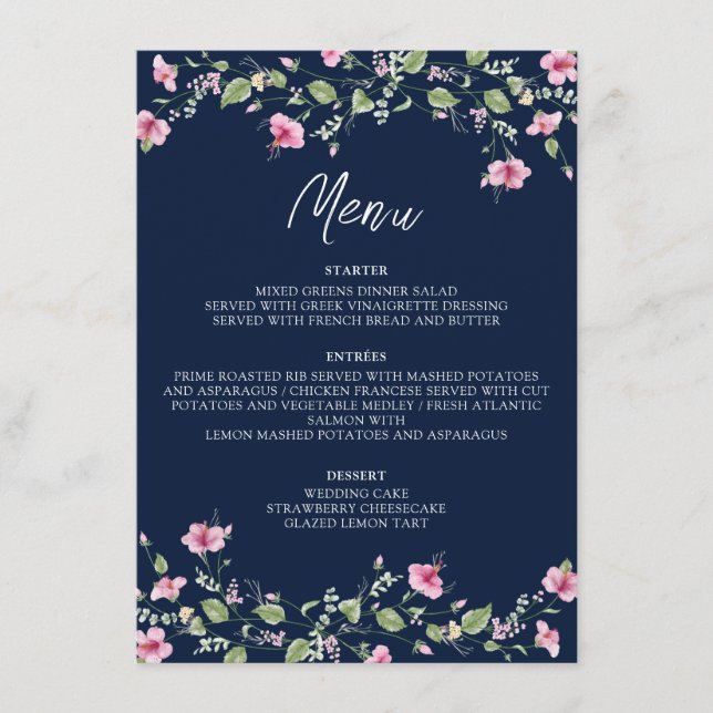Dusty Navy Blue Pink Hibiscus Bloom Wedding Shower Menu (Front)