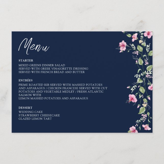 Dusty Navy Blue Pink Hibiscus Bloom Wedding Shower Menu (Front)