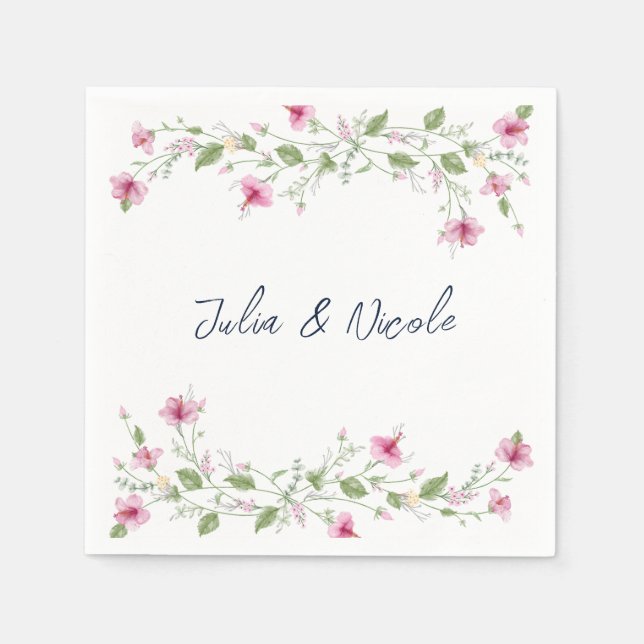 Dusty Navy Blue Pink Hibiscus Bloom Wedding Shower Napkin (Front)