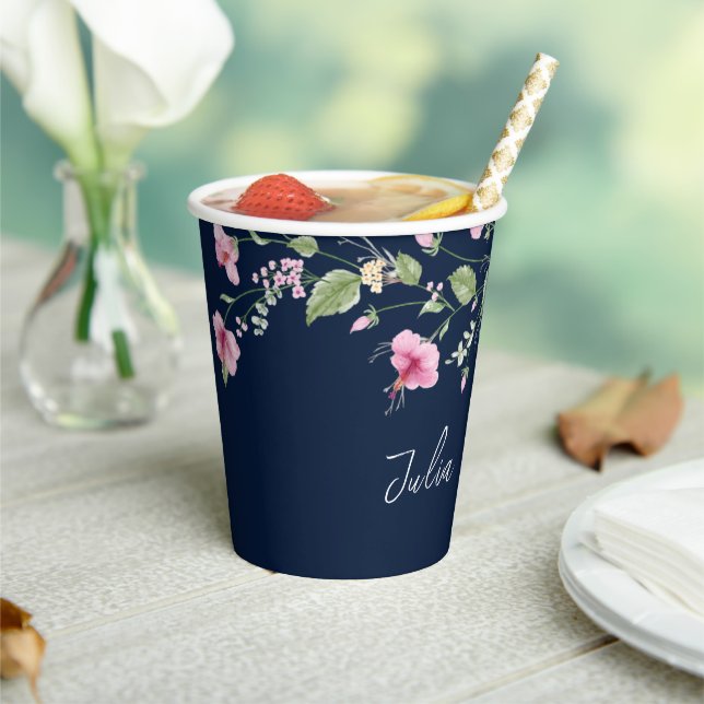 Dusty Navy Blue Pink Hibiscus Bloom Wedding Shower Paper Cups (Insitu)