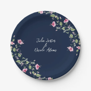 Dusty Navy Blue Pink Hibiscus Bloom Wedding Shower Paper Plate