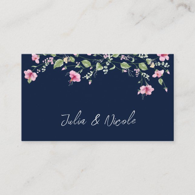 Dusty Navy Blue Pink Hibiscus Bloom Wedding Shower Place Card (Front)