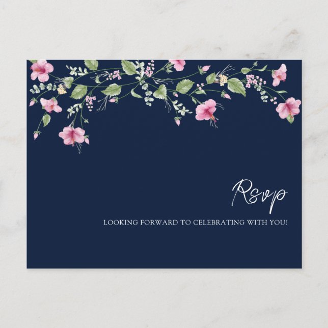 Dusty Navy Blue Pink Hibiscus Bloom Wedding Shower Postcard (Front)