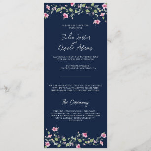 Dusty Navy Blue Pink Hibiscus Bloom Wedding Shower Programme