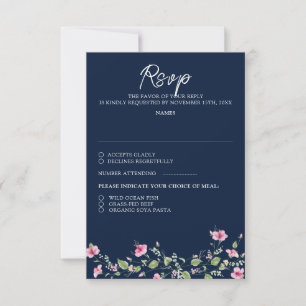 Dusty Navy Blue Pink Hibiscus Bloom Wedding Shower RSVP Card