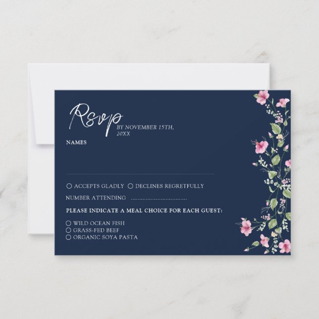 Dusty Navy Blue Pink Hibiscus Bloom Wedding Shower RSVP Card (Front)