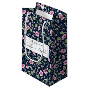 Dusty Navy Blue Pink Hibiscus Bloom Wedding Shower Small Gift Bag