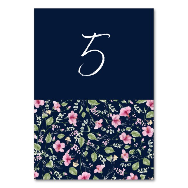 Dusty Navy Blue Pink Hibiscus Bloom Wedding Shower Table Number (Front)