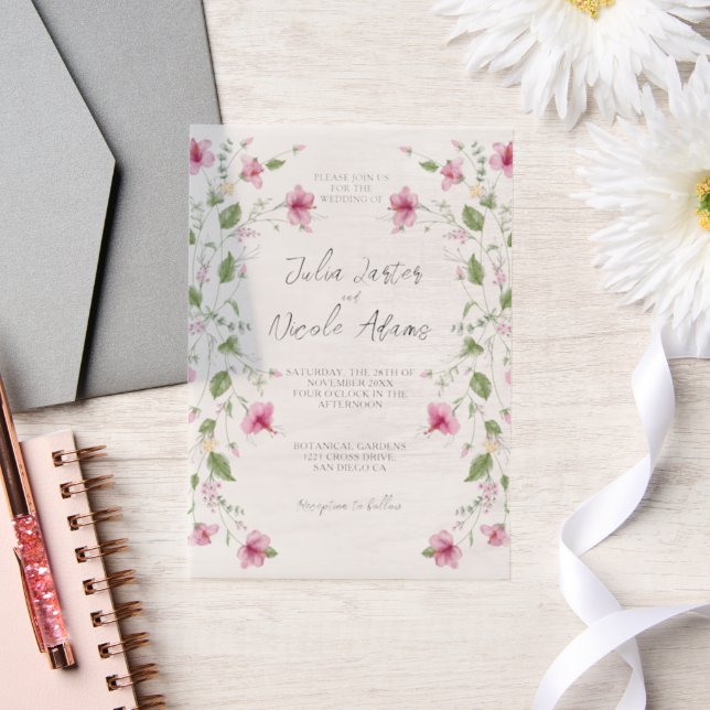 Dusty Navy Blue Pink Hibiscus Bloom Wedding Shower Vellum Invitations (Wedding)