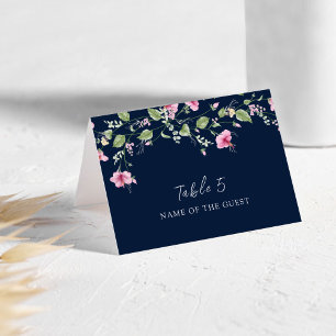 Dusty Navy Blue Pink Hibiscus Wedding Place Card