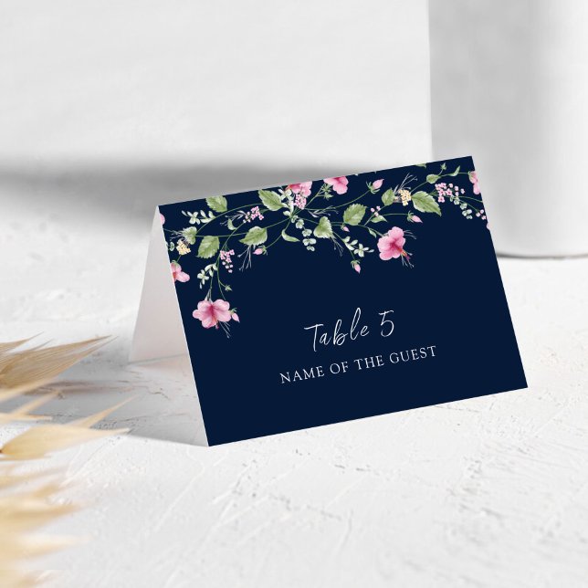 Dusty Navy Blue Pink Hibiscus Wedding Place Card (Creator Uploaded)