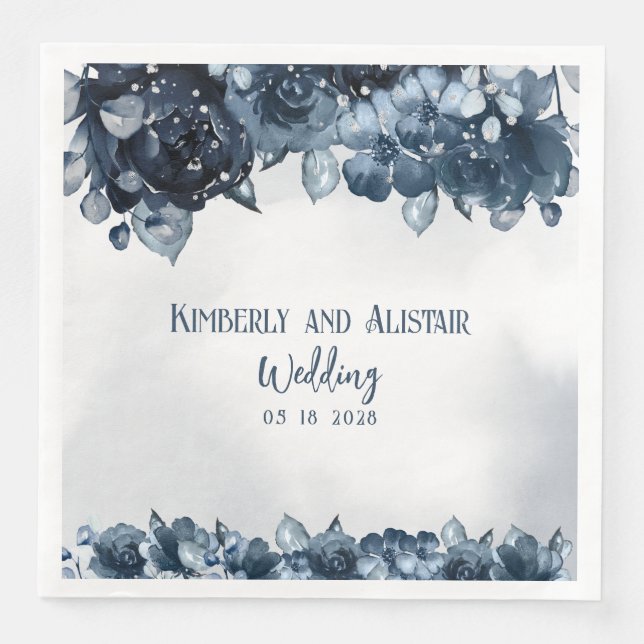 Dusty Navy Blue Silver Wedding Napkin (Front)