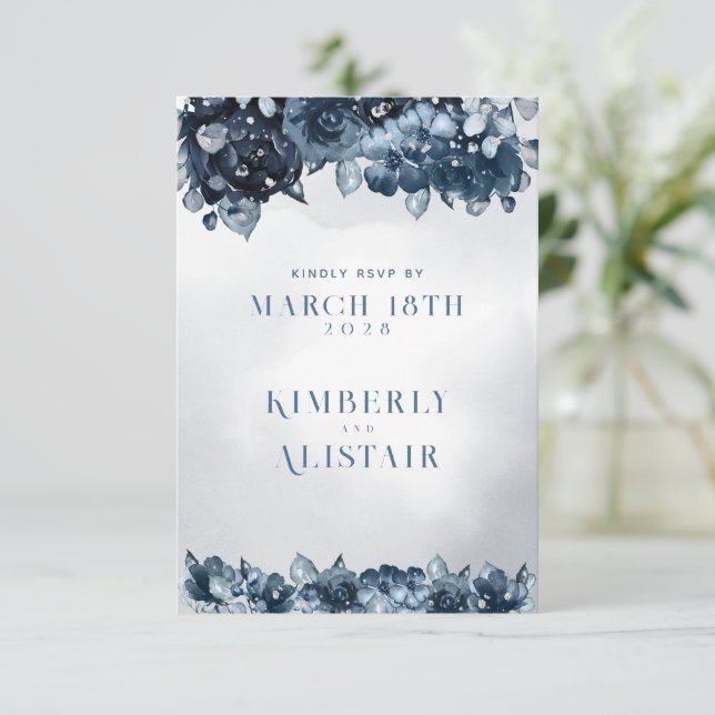 Dusty Navy Blue Silver Wedding Return Mail RSVP (Standing Front)