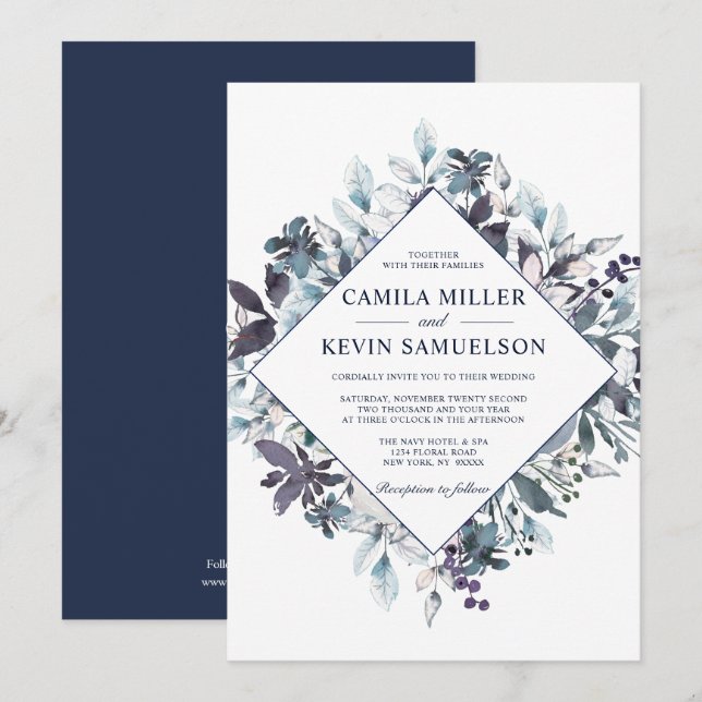 Dusty Navy Blue Watercolor Floral Wedding Invitation (Front/Back)