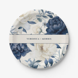 Dusty navy blue & white floral watercolor wedding paper plate