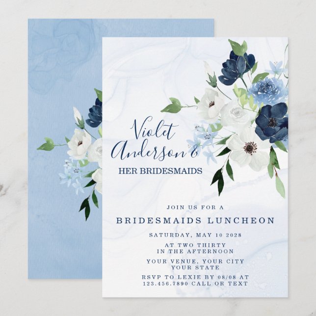 Dusty Navy Ethereal Floral Bridesmaids Luncheon  I Invitation (Front/Back)