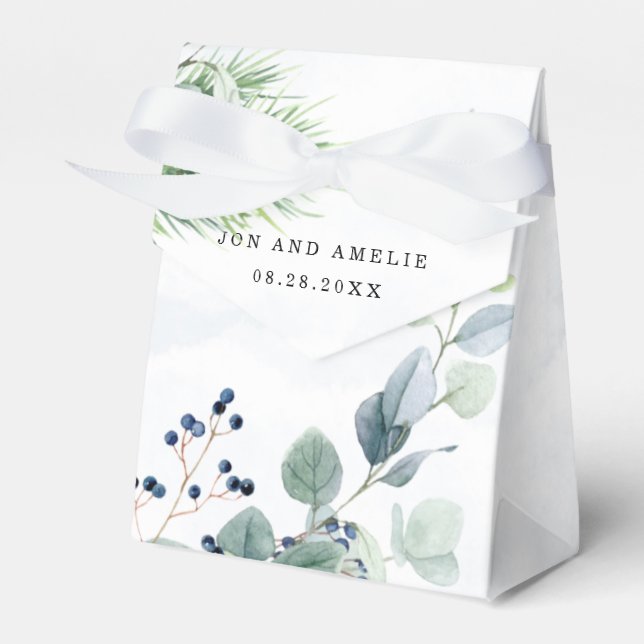 Dusty Navy Eucalyptus Greenery Rustic Wedding Favour Box (Front Side)
