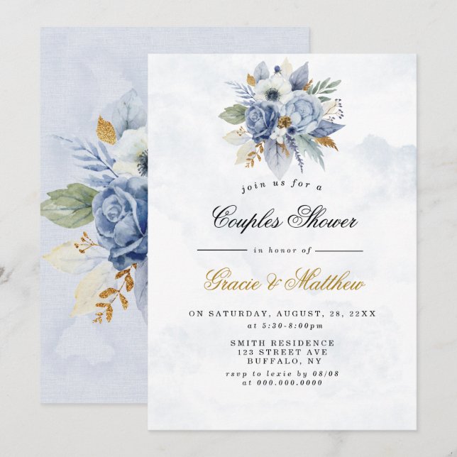 Dusty Navy Gold Peony Chic Couples Shower Invites (Front/Back)