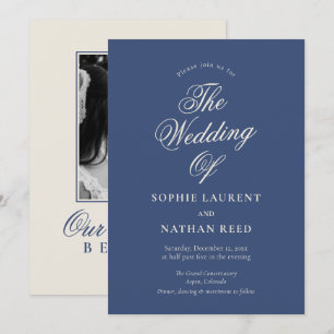 Dusty Navy Old Money Photo Winter Wedding Invitation