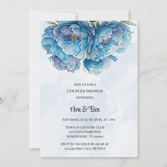 Dusty Navy Paint Peony Couples Shower Invitation (Front)