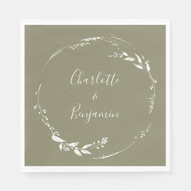 Dusty Olive Floral Wreath Calligraphy Personalised Napkin (Front)