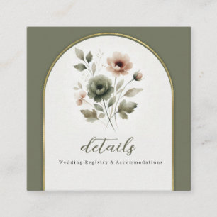 Dusty Olive Pink & Gold Floral Wedding Details Square Business Card