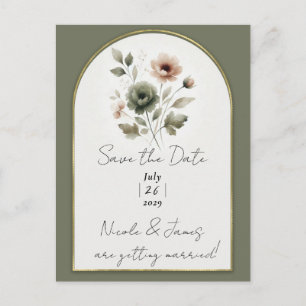 Dusty Olive Pink & Gold Watercolor Floral Announcement Postcard