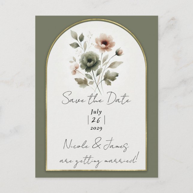 Dusty Olive Pink & Gold Watercolor Floral Announcement Postcard (Front)