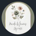 Dusty Olive Pink & Gold Watercolor Floral Classic Round Sticker<br><div class="desc">Customise with any text.</div>