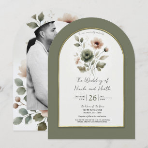 Dusty Olive Pink & Gold Watercolor Floral Wedding Invitation