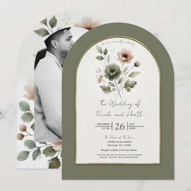Dusty Olive Pink & Gold Watercolor Floral Wedding Invitation (Front/Back)