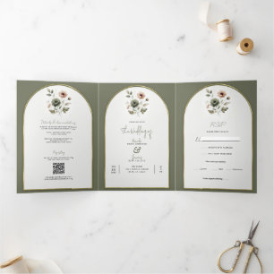Dusty Olive Pink & Gold Watercolor Floral Wedding Tri-Fold Invitation