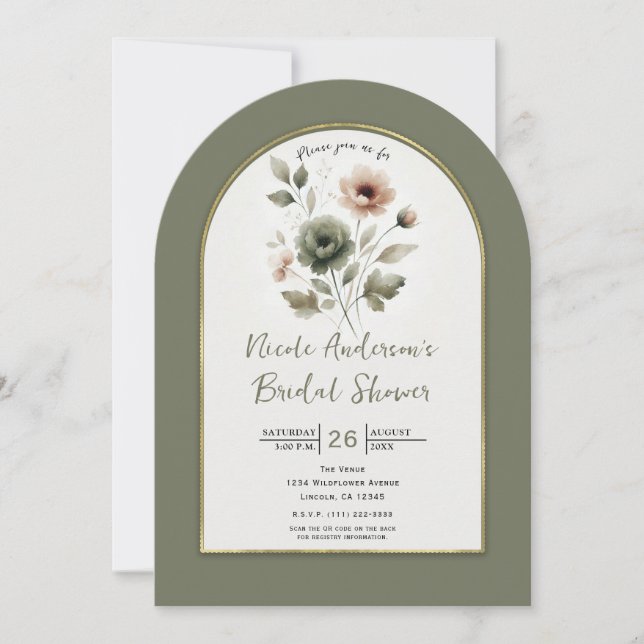 Dusty Olive & Pink Watercolor Floral Bridal Shower Invitation (Front)
