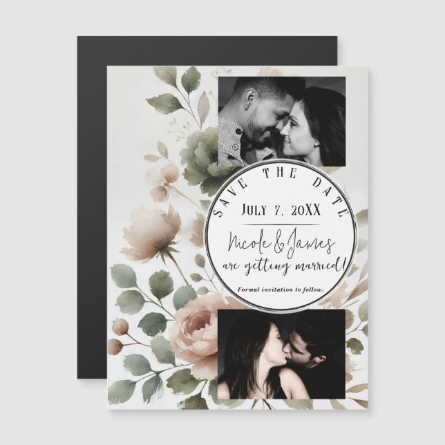 Dusty Olive & Pink Watercolor Floral Save the Date (Front/Back)