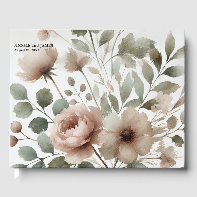Dusty Olive & Pink Watercolor Floral Wedding Guest Book (Front)