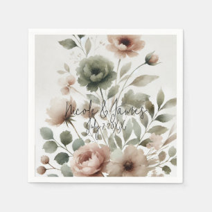 Dusty Olive & Pink Watercolor Floral Wedding Napkin
