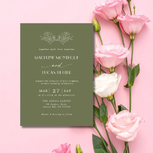 Dusty Olive White Holly Tree Leaves Clean Wedding Invitation