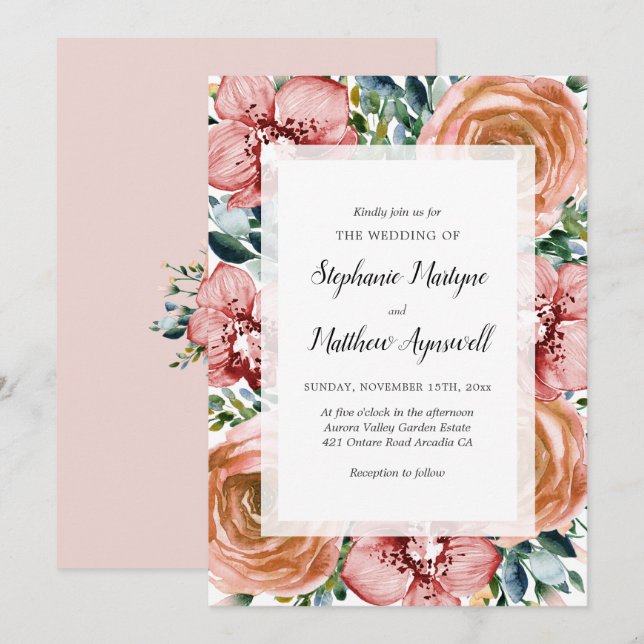 Dusty Orange Roses Orchids Floral Foliage Wedding Invitation (Front/Back)