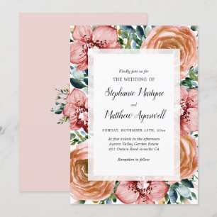 Dusty Orange Roses Orchids Floral Foliage Wedding Invitation