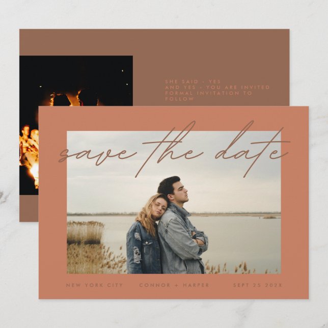 Dusty Orange Terracotta Elegant Border Photo Save The Date (Front/Back)