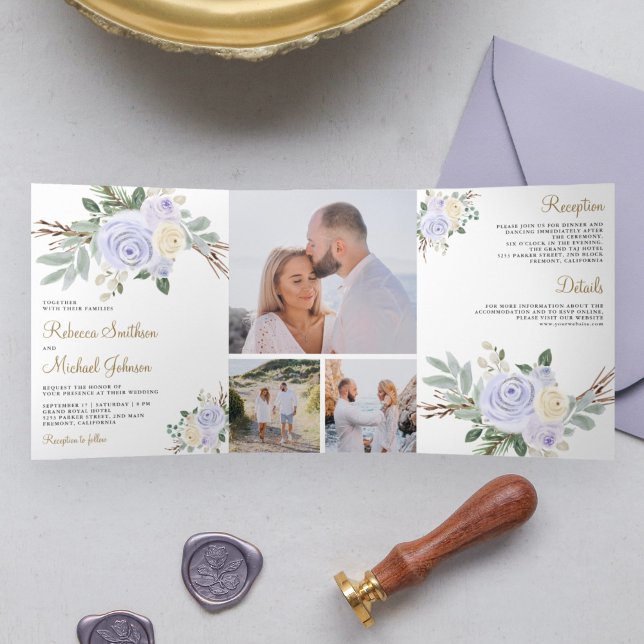 Dusty Pastel Purple Floral All in One Wedding Tri-Fold Invitation (Creator Uploaded)
