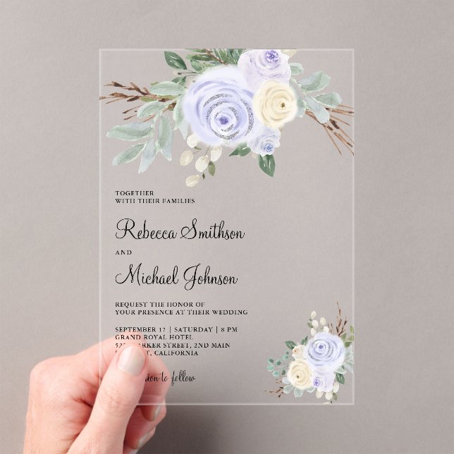 Dusty Pastel Purple Floral Wedding Acrylic Invitations (Insitu (Handheld))