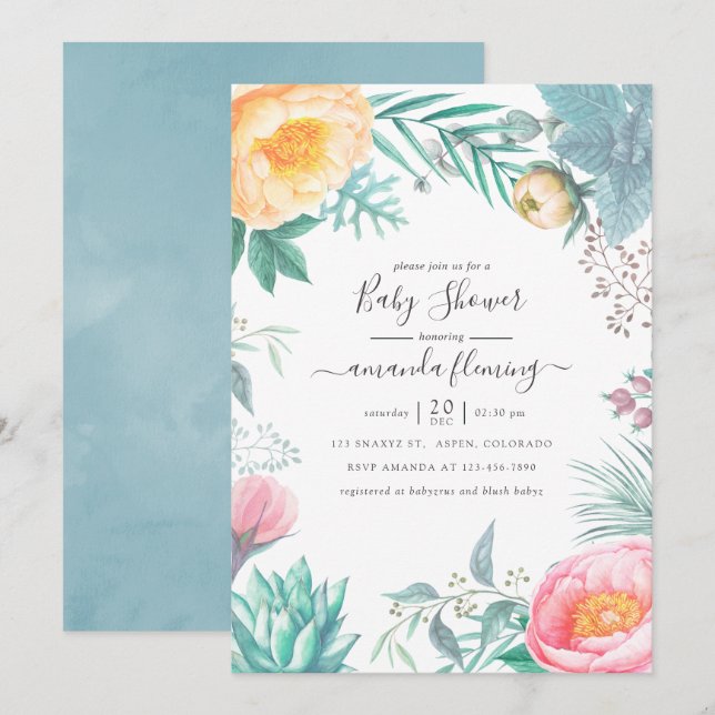 Dusty Pastel Tropical Floral Summer Baby Shower Invitation (Front/Back)