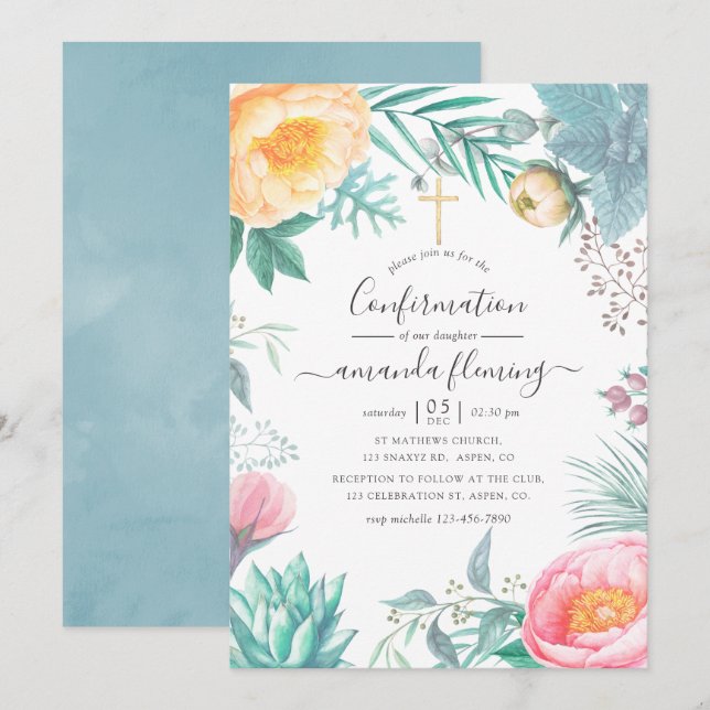 Dusty Pastel Tropical Floral Summer Confirmation Invitation (Front/Back)