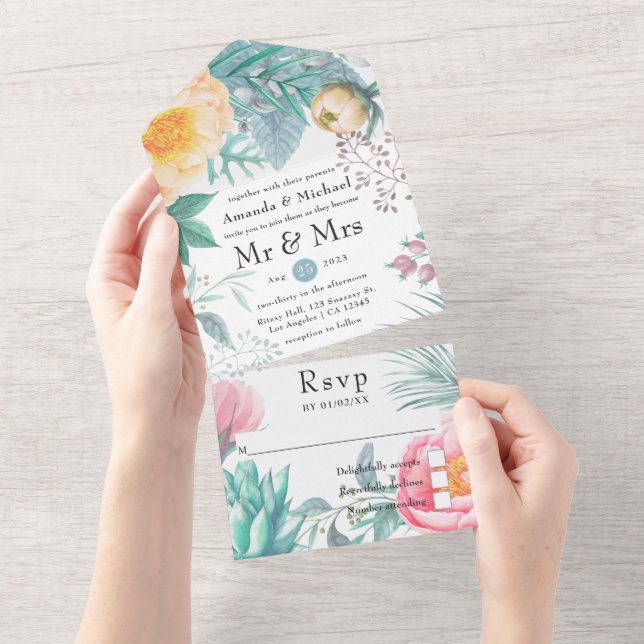 Dusty Pastel Tropical Floral Wedding All In One Invitation (Tearaway)