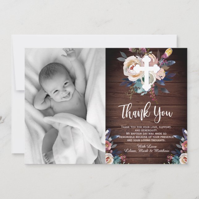 Dusty Peach Blue Floral Baptism Thank You Card (Front)