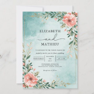 Dusty Peach Floral Aqua Wash Wedding Invitation