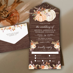 Dusty Peach Floral Pumpkin Barn Wood Wedding All In One Invitation
