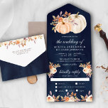 Dusty Peach Floral Pumpkin Navy Blue Wedding All In One Invitation<br><div class="desc">Amaze your guests with this elegant wedding invite featuring beautiful flowers and modern typography with detachable RSVP postcard. Simply add your event details on this easy-to-use template to make it a one-of-a-kind invitation.</div>