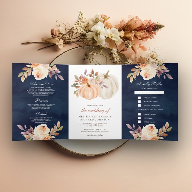Dusty Peach Floral Pumpkin Navy Blue Wedding Tri-Fold Invitation (Creator Uploaded)